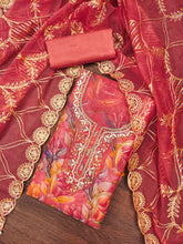 Red Organza Handworked Position Print Unstitched Suit